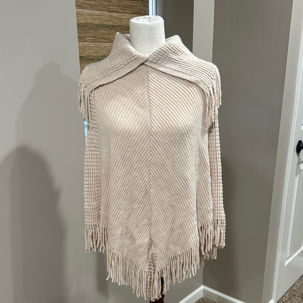 Charlie Paige Cream Fringe Sweater Poncho
